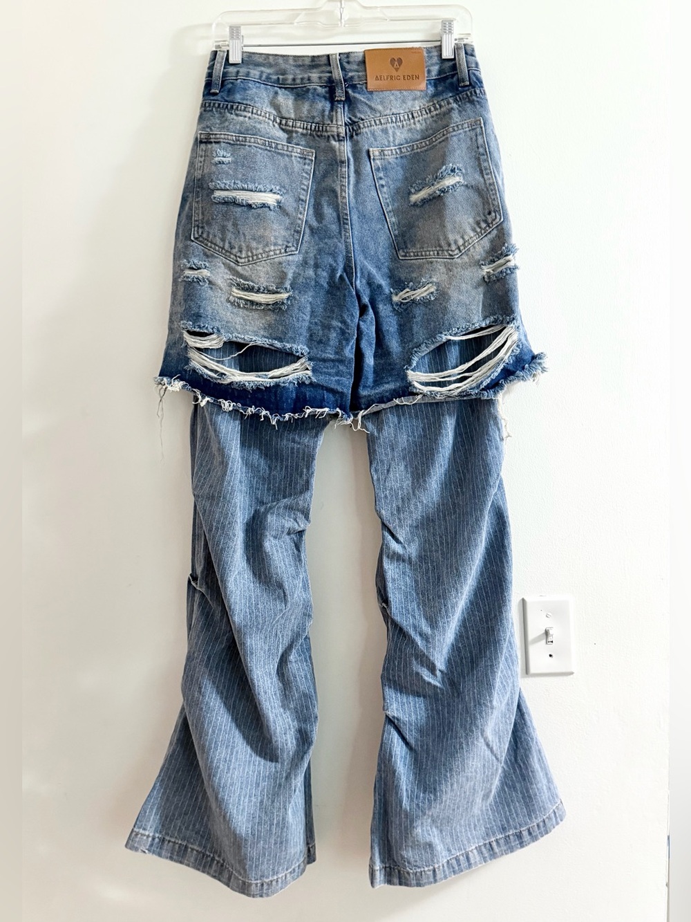 Aelfric Eden NWT size 30 distressed denim shorts over pinstripe flared pants - Picture 2 of 16